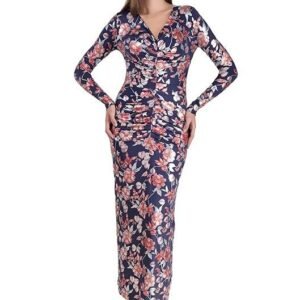 Didoria Luxe Fashion Floral Printed V Neck Full Sleeves Ruched Pleated Maxi Bodycon Party Cocktail Ethnic Indowestern Western Women Dress