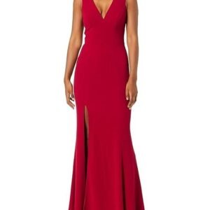 Dress the Population Women's Sandra Plunging Thick Strap Solid Gown With Slit Dress, Garnet, S