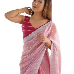 SIRIL Women’s Shimmer Chiffon Sequence Embroidery Saree With Unstitched Blouse Piece for Wedding and Parties