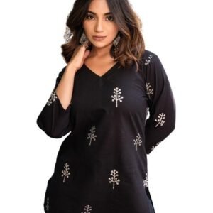 Kashis CreationsFloral Print Rayon Kurta for Women | Regular Fit Top | Stylish Top for Girls | Top for Office | Kurti for Women | Black