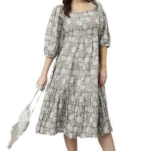 Janasya Women's Pure Cotton Floral Printed Tiered Dress
