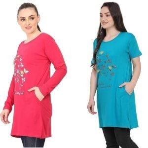 CRAFTLY Women's/Ladies/Girls Long Polo T-Shirts | Slim Fit Solid T-Shirts | Tops Stylish Round Neck Regular Fit Cotton Half Sleeve Shirt Combo (Pack of 2)