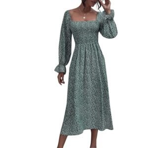 Floerns Women's Boho Floral Print Square Neck Flounce Sleeve A Line Long Dress