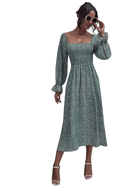 Floerns Women's Boho Floral Print Square Neck Flounce Sleeve A Line Long Dress