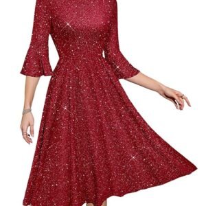 HomRain Women's Elegant Bell Sleeve Cocktail Party Dresses for Wedding Guest Fit and Flare Modest Church Midi Evening Dress