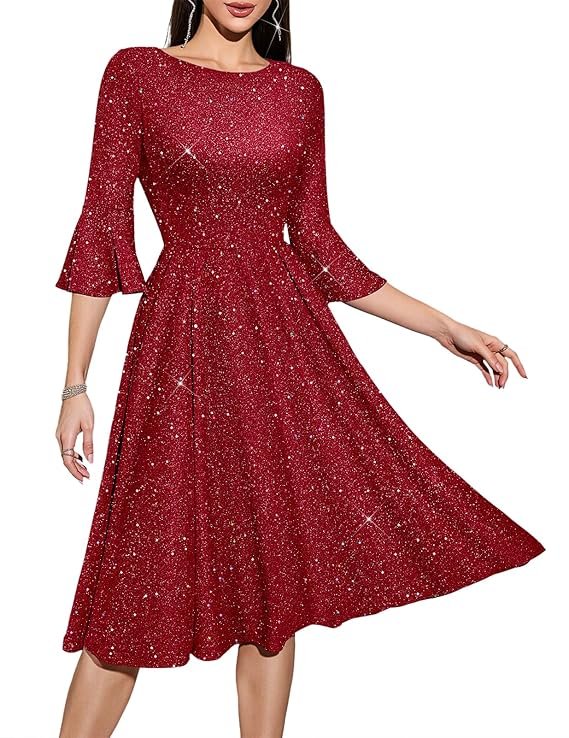 HomRain Women's Elegant Bell Sleeve Cocktail Party Dresses for Wedding Guest Fit and Flare Modest Church Midi Evening Dress